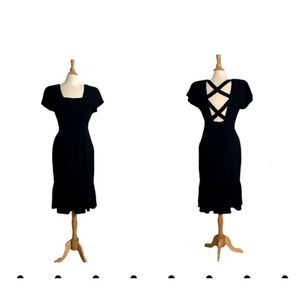 Vintage 80s 90s Black CRISS CROSS Flare Bottom Dress - Cutout Wiggle Dress - M